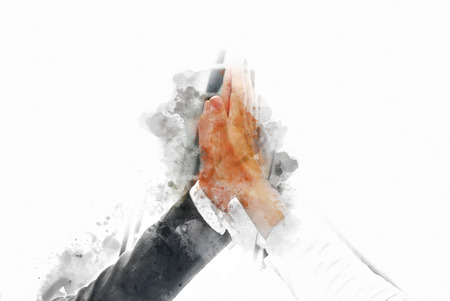 Abstract Join hands business concept and handshake concept on watercolor painting background.の写真素材