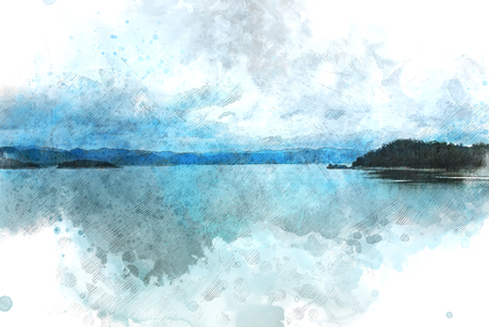 Abstract Colorful mountain peak and river on watercolor illustration painting background.の写真素材