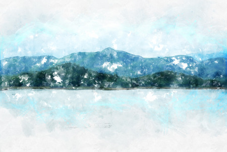 Abstract colorful mountain and field landscape on watercolor illustration painting background.の写真素材