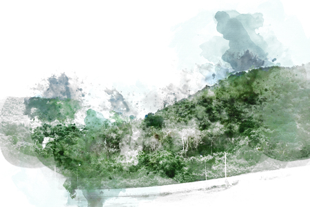 Abstract colorful mountain and field landscape on watercolor illustration painting background.の写真素材