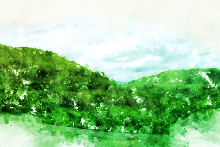 Abstract colorful mountain and field landscape on watercolor illustration painting background.の写真素材