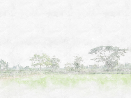 Abstract tree and field landscape on watercolor illustration painting background.の写真素材