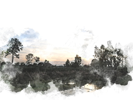 Abstract coloful field landscape on watercolor painting backgroundの写真素材