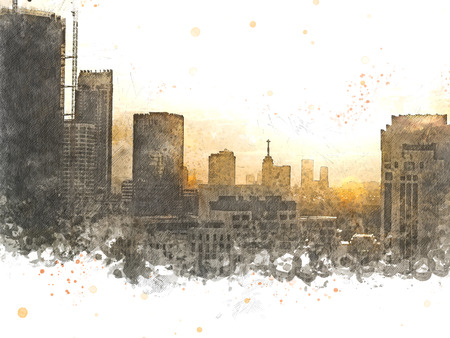 Abstract Building in the city on watercolor painting background. City on Digital illustration brush to art.の写真素材