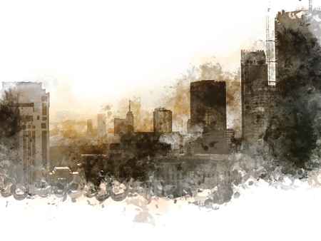 Abstract Building in the city on watercolor painting background. City on Digital illustration brush to art.の写真素材