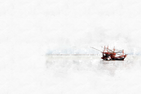 Abstract Long boat fishing on watercolor paining background and colorful splash brush to art.の写真素材