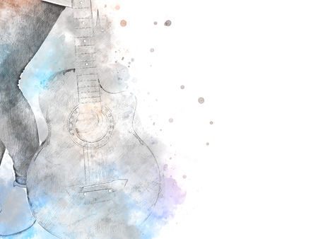 Abstract beautiful playing acoustic Guitar in the foreground on Watercolor painting background and Digital illustration brush to art.の写真素材