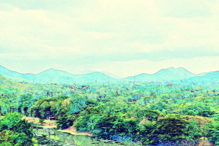 Abstract colorful mountain and field landscape on watercolor illustration painting background.の写真素材