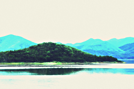 Abstract colorful mountain and river lake landscape on watercolor illustration painting background.の写真素材