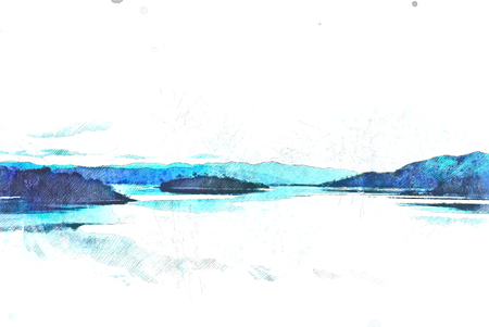 Abstract Colorful mountain peak and river on watercolor illustration painting background.の写真素材
