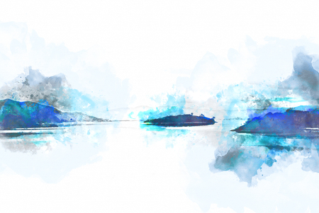 Abstract Colorful mountain peak and river on watercolor illustration painting background.の写真素材