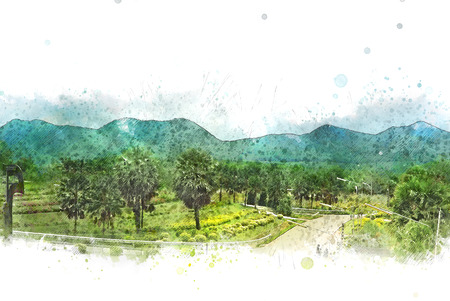 Abstract colorful mountain and field landscape on watercolor illustration painting background.の写真素材