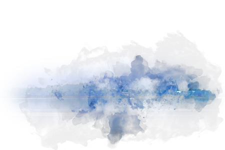 Abstract Colorful mountain peak and river on watercolor painting background.の写真素材