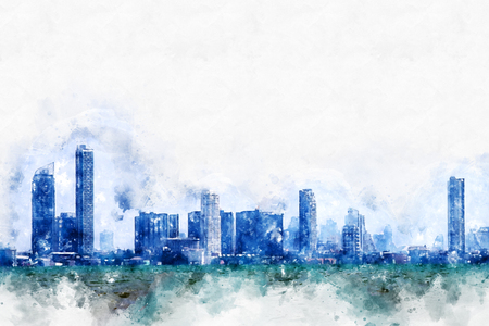 Abstract colorful building in the city on watercolor illustration painting background.の写真素材