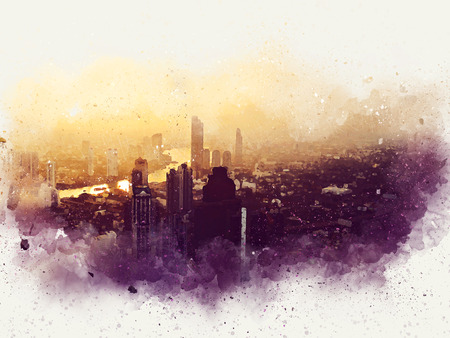 Abstract offices Building in the city on watercolor painting background. City on Digital illustration brush to art.の写真素材