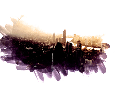 Abstract offices Building in the city on watercolor painting background. City on Digital illustration brush to art.の写真素材