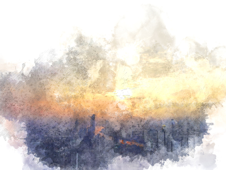 Abstract sunrise in the capital city on watercolor illustration painting background.の写真素材