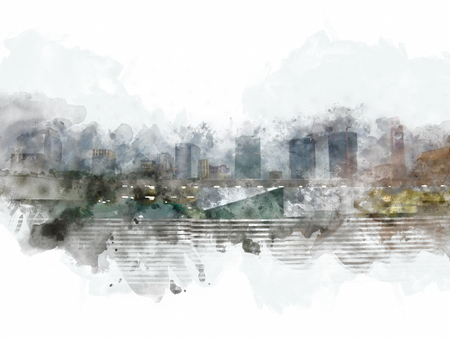 Abstract colorful building in the city on watercolor illustration painting background.の写真素材