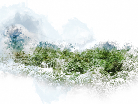 Abstract green tree landscape and blue sky on watercolor illustration painting background.の写真素材