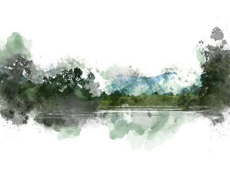 Abstract Colorful mountain peak and river on watercolor illustration painting background.の写真素材