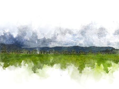 Abstract tree and field landscape on watercolor illustration painting background.の写真素材