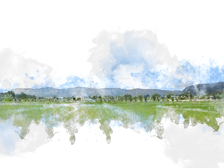 Abstract tree and field landscape on watercolor illustration painting background.の写真素材