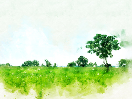 Abstract tree and field landscape on watercolor illustration painting background.の写真素材