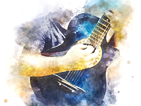 Abstract beautiful playing acoustic Guitar in the foreground on Watercolor painting background and Digital illustration brush to art.の写真素材