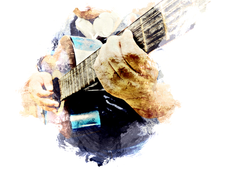 Abstract beautiful playing acoustic Guitar in the foreground on Watercolor painting background and Digital illustration brush to art.の写真素材