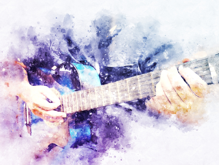 Abstract beautiful playing acoustic Guitar in the foreground on Watercolor painting background and Digital illustration brush to art.の写真素材