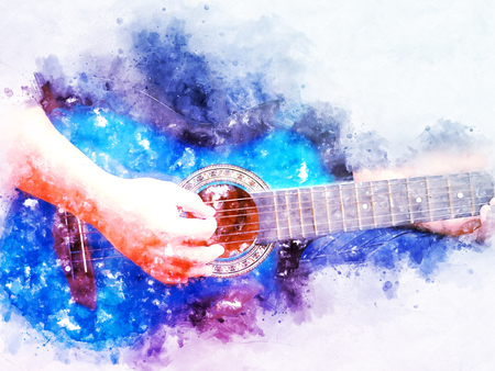 Abstract beautiful playing acoustic Guitar in the foreground on Watercolor painting background and Digital illustration brush to art.の写真素材