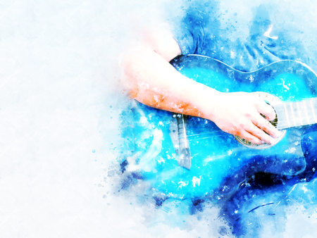 Abstract beautiful playing acoustic Guitar in the foreground on Watercolor painting background and Digital illustration brush to art.の写真素材