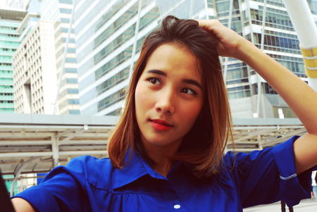 Close-up woman smile selfie portrait and traveling in the city.の写真素材