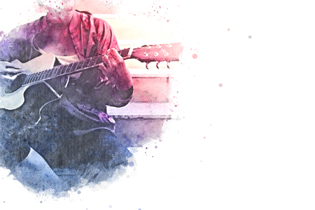 Abstract beautiful playing acoustic Guitar in the foreground on Watercolor painting background and Digital illustration brush to art.の写真素材