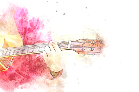 Abstract beautiful playing acoustic Guitar in the foreground on Watercolor painting background and Digital illustration brush to art.の写真素材