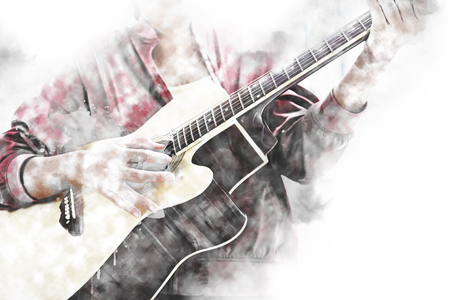 Close up beautiful woman playing acoustic guitar on watercolor illustration painting background.の写真素材