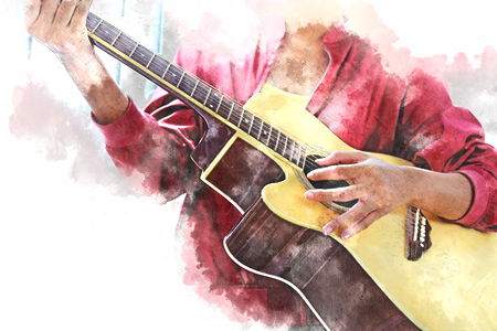 Close up beautiful woman playing acoustic guitar on watercolor illustration painting background.の写真素材