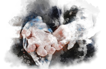 Close up hand of homeless man on walking street in the capital city on watercolor painting background.の写真素材