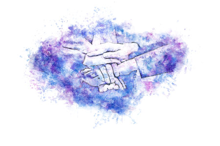 Close-up teamwork handshake business concept on watercolor painting background.