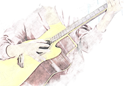 Close up beautiful woman playing acoustic guitar on watercolor illustration painting background.の写真素材