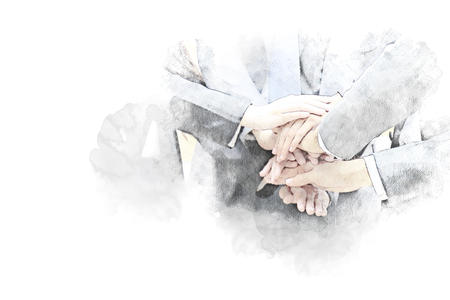 Beautiful handshake close up on watercolor illustration painting background.の写真素材