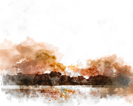 Abstract wave sea and sunrise on watercolor illustration painting background.の写真素材