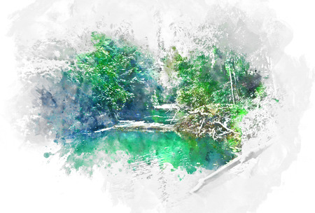 Abstract colorful tree and river lake landscape watercolor illustration painting background.の写真素材