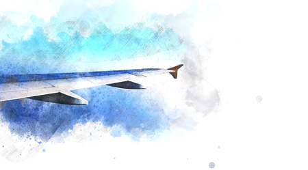 Abstract blue sky and plane wings on watercolor illustration painting background.の写真素材