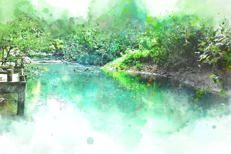 Abstract colorful tree and river lake landscape watercolor illustration painting background.の写真素材