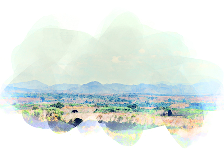 Abstract Colorful mountain hill and tree landscape on watercolor painting background.の写真素材