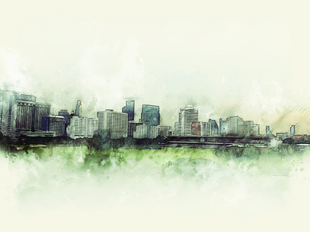 Abstract colorful office building on watercolor illustration painting background.の写真素材