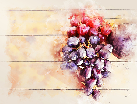 Close-up Avocado and grapes on wood texture on watercolor illustration painting background.の写真素材