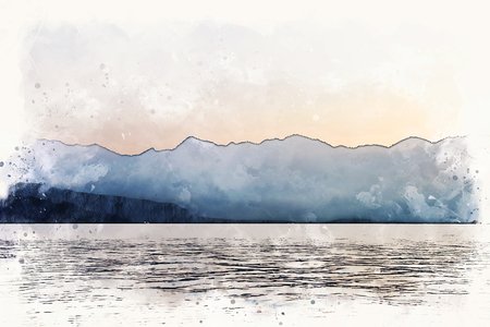 Abstract Colorful mountain peak and river on watercolor illustration painting background.の写真素材