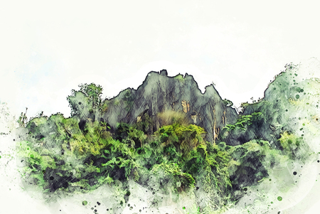 Abstract color mountain peak and tree watercolor illustration painting background.の写真素材